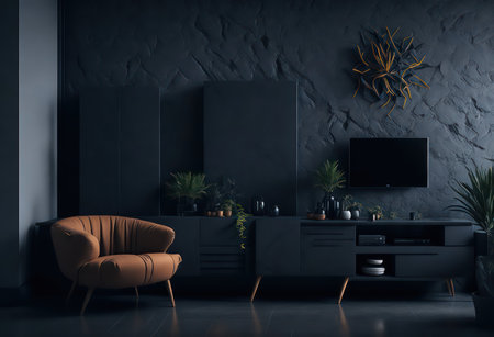 Living room interior with black walls, concrete floor, brown armchair and TV. 3d renderingの写真素材
