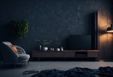 TV on the wall in modern living room interior. 3D renderingの写真素材