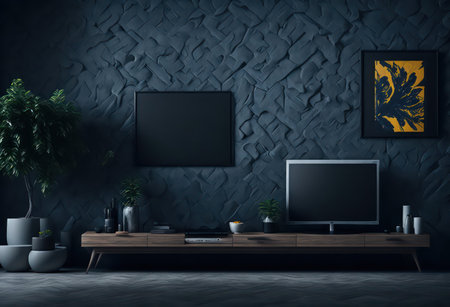 Interior of modern living room with dark walls, concrete floor, wooden table with computer and black mock up poster. 3d renderingの写真素材