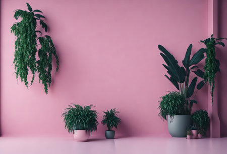 Potted houseplants on pink wall background. 3d renderの写真素材