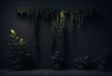 Tropical plants in pots on dark background. 3d renderの写真素材