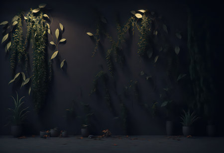 Dark room with tropical plants. 3D Rendering mock up.の写真素材