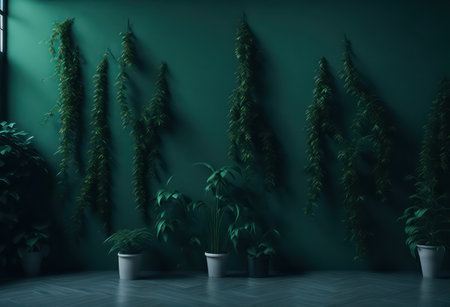 Green wall with plants in pots. 3d render illustration mock upの写真素材