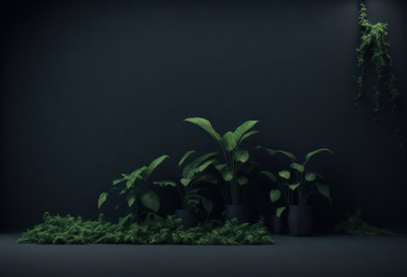 3d render of dark room with green plants. Minimal style.の写真素材