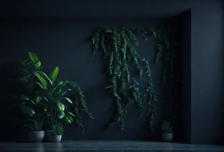 Dark room with green plants. 3D rendering, 3d illustration.の写真素材