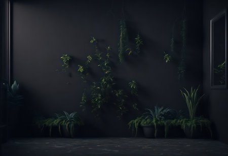 Dark room with plants. 3d render. Wall mock up.の写真素材