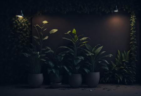 3d render of interior design with plant in pot on black backgroundの写真素材