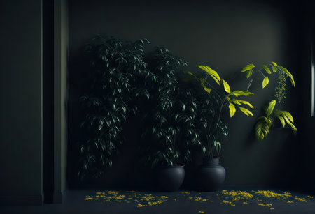 Dark interior with plants. 3d render. Mock up, 3D illustrationの写真素材