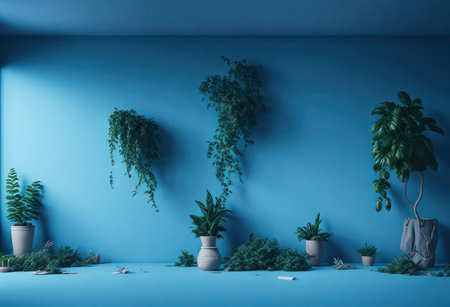 Interior of a blue room with plants in pots. 3D renderingの写真素材