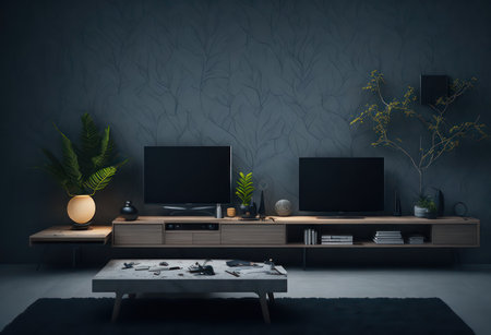 Modern interior of living room with wooden furniture, bookshelf, computer and plant. 3D Renderingの写真素材