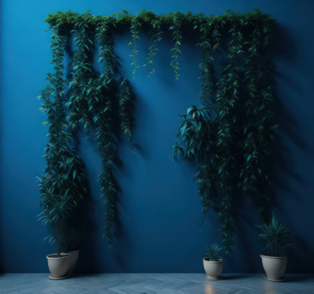3d render of green plant in pot on blue wall background.の写真素材