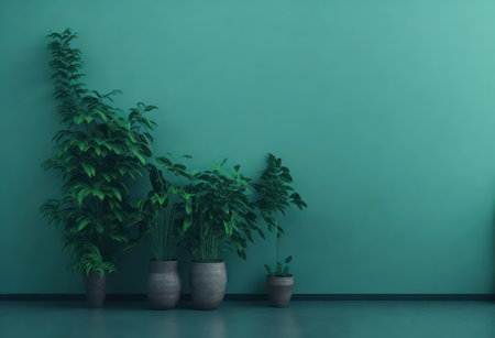 Green wall with plants in vases. 3d render illustration.の写真素材