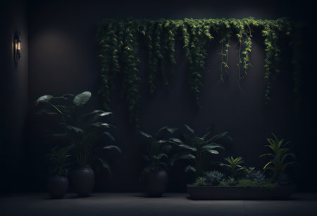 3d render of a dark room with green plants in pots.の写真素材