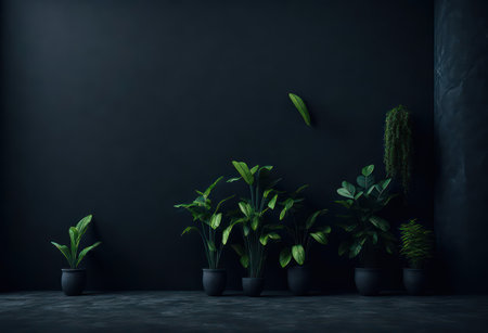 Dark interior with green plants in pots. Mock up, 3D Renderの写真素材