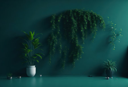 Green wall with plant in pot, 3d render, interior designの写真素材