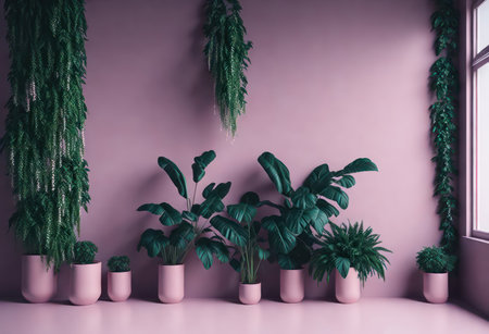 Flowers in pots on a pink wall. 3d rendering.の写真素材