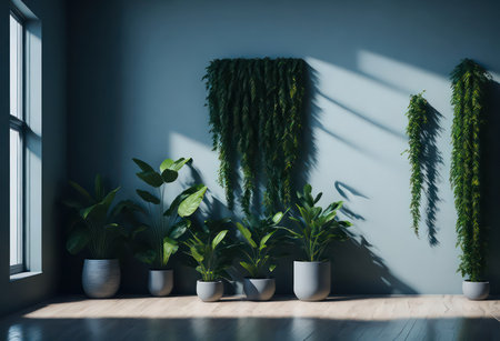 Interior of modern living room with green walls, wooden floor, concrete floor and plants in pots. 3d renderingの写真素材