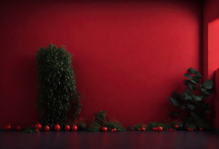3D render of a red wall with a lot of plants.の写真素材