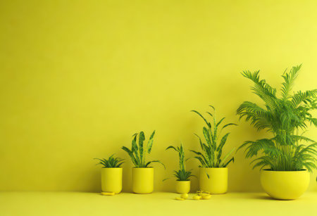 Houseplants in yellow pots on a yellow background. Copy spaceの写真素材