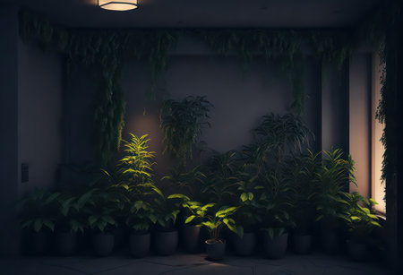 3D render of a living room interior with plants in pots.の写真素材
