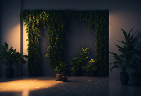 3D rendering of an empty room with plants in a pot.の写真素材