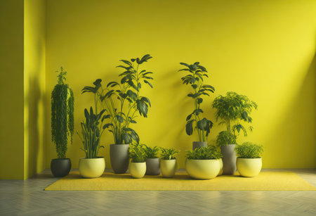 Interior of modern bright room with yellow walls, concrete floor and green plants in pots. 3d renderingの写真素材