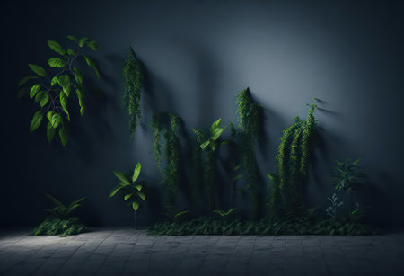 3d render of green plants in dark room with cement floor.の写真素材