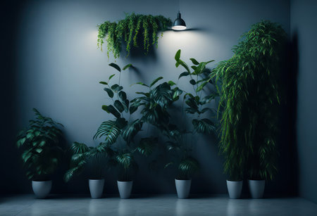 3D render of a green interior with plants and a ceiling lampの写真素材