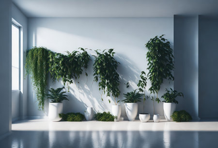 Interior of modern bright bathroom with white walls, concrete floor, comfortable white bathtub and green plants in pots. 3d renderingの写真素材
