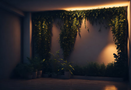3d render interior room with green plant wall and wooden floor.の写真素材