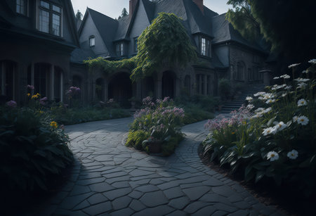 Luxury house in the garden at night. Vintage style.の写真素材