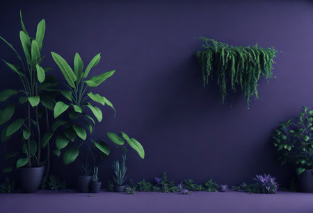 Plants in pots on a purple wall. 3d rendering.の写真素材