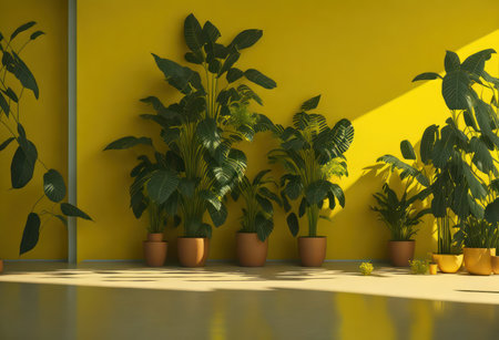 Green plants in pots on a yellow wall. 3d rendering.の写真素材