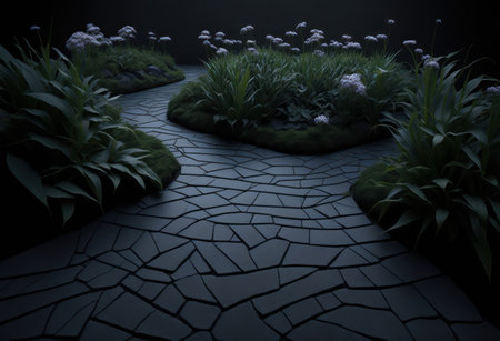3d render of a path leading through a garden with grass and flowersの写真素材