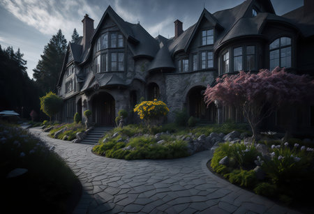 Beautiful house in the garden with flowerbed and stone path.の写真素材