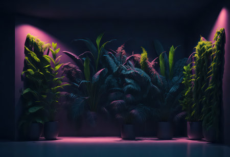 3d render of tropical plants in dark room with neon light.の写真素材