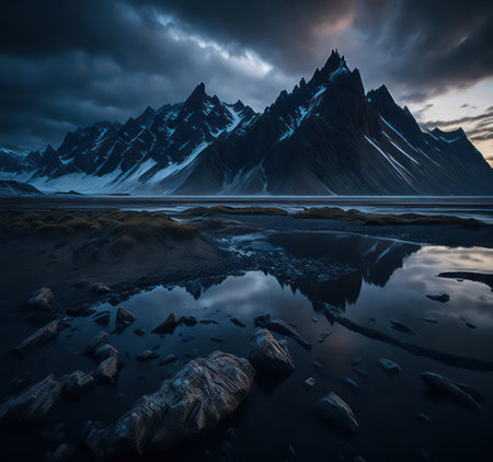 Fantasy landscape with mountains and a lake. 3d illustration.の写真素材