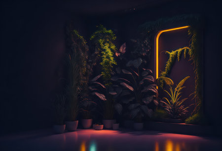 3d rendering of a dark room with plants and neon lights.の写真素材