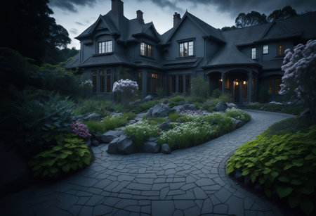 3d rendering of a beautiful house in the garden at night.の写真素材