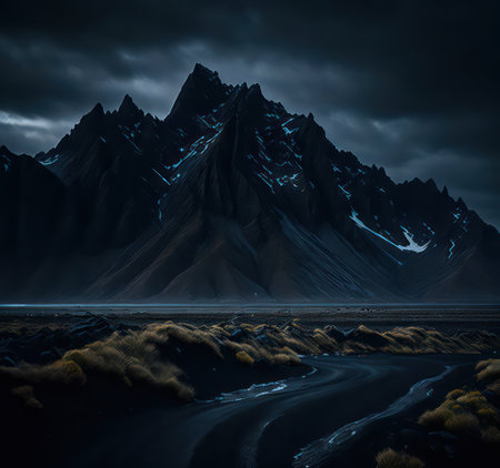 Fantasy landscape with mountains and road, 3d render. Computer digital drawing.の写真素材