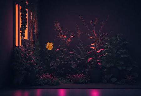 3D render of a room with plants illuminated by neon light.の写真素材