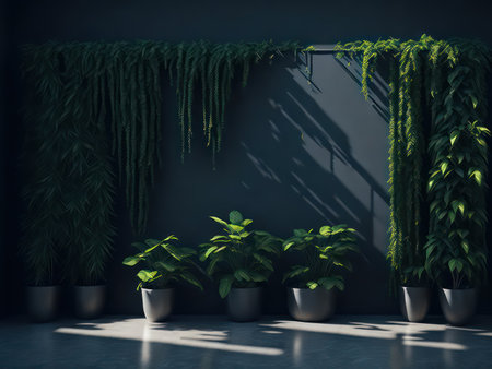 Green plants in pots on a concrete floor. 3d rendering.の写真素材