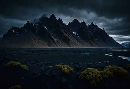 Fantasy landscape. Mountain and black sand. 3d illustration.の写真素材