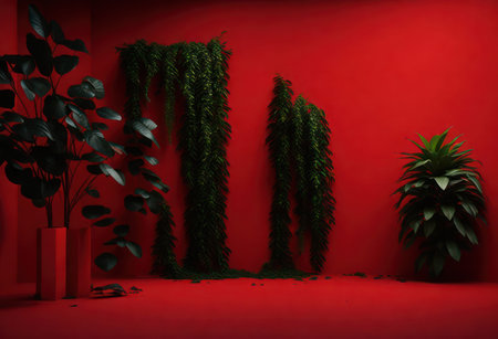 3d rendering of minimal scene with green plants and red wall background.の写真素材
