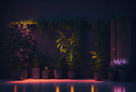 3d render, abstract background with tropical plants in pots, neon lightの写真素材