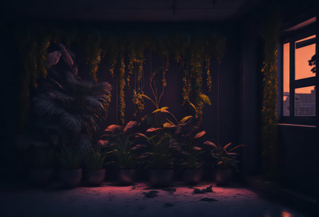 3D rendering of a dark room with plants in pots and windowの写真素材