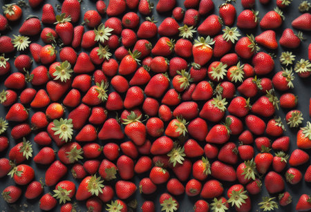 Strawberries on black background. Top view. Flat lay.の写真素材