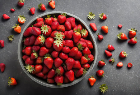 Strawberries in a bowl on a black background, top viewの写真素材