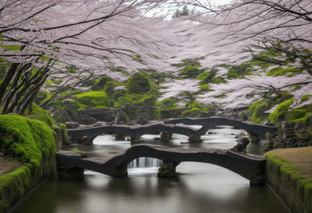 Cherry blossoms and stone bridge in Tokyo, Japan. Cherry blossom in spring.の写真素材