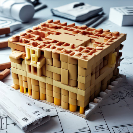Plastic building blocks on construction plans. Architectural project. Construction concept.の写真素材